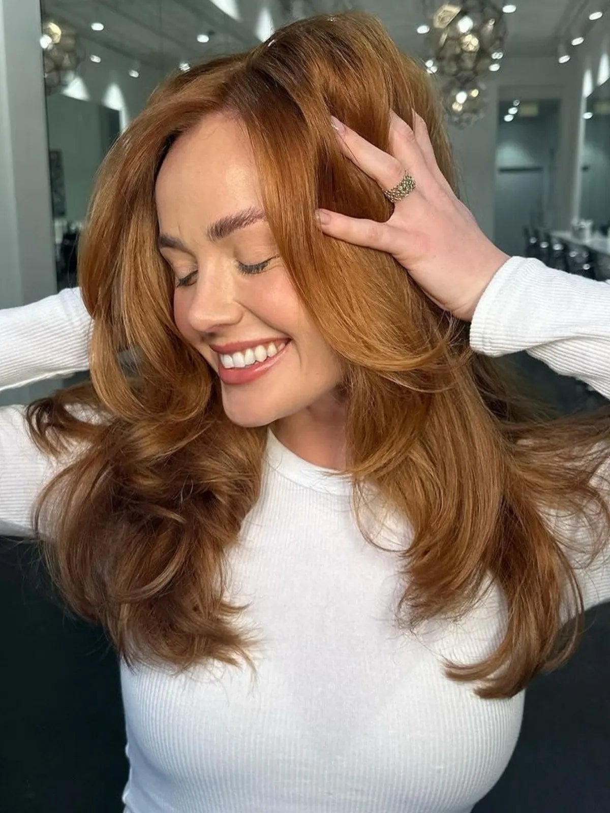 Shoulder Length Wavy Blowout Warm Copper Blonde Shoulder Length Wavy Blowout Warm Copper Blonde — Cowboy Copper Hair 2027