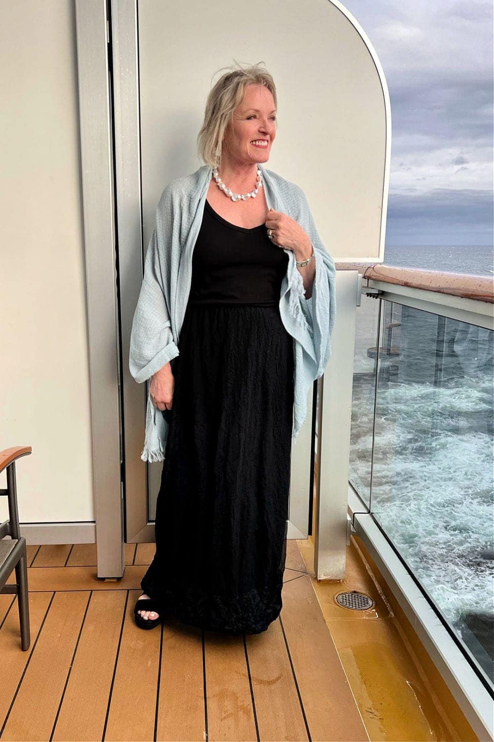 Black Maxi Skirt With Light Blue Wrap Black Maxi Skirt With Light Blue Wrap — Cruise Formal Night Outfits 2027