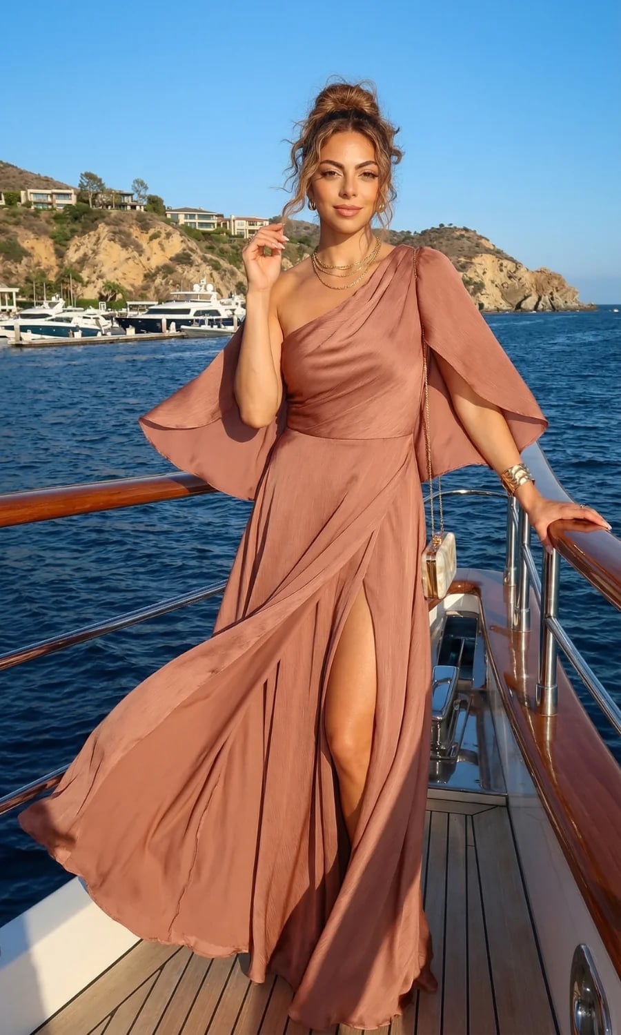 Rose Gold One-Shoulder Dress With Cape Rose Gold One-Shoulder Dress With Cape — Cruise Formal Night Outfits 2027