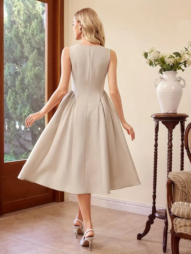 Beige Boat Neck A-Line Dress With Pleats Beige Boat Neck A-Line Dress With Pleats — Cruise Formal Night Outfits 2027
