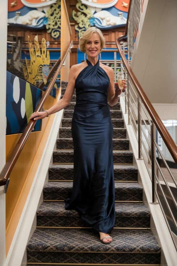 Navy Blue Satin Halterneck Gown Navy Blue Satin Halterneck Gown — Cruise Formal Night Outfits 2027