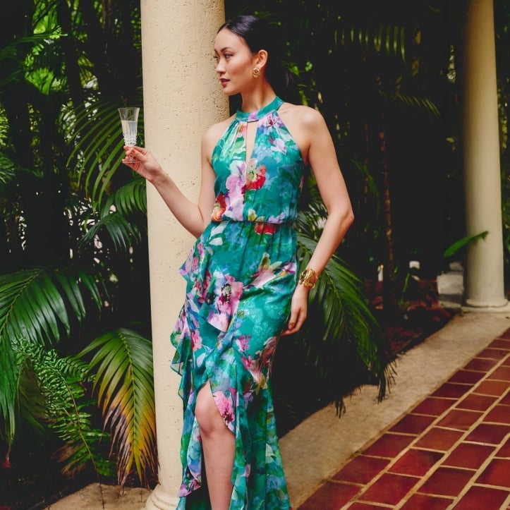 Teal Floral Print Halter Maxi Dress Teal Floral Print Halter Maxi Dress — Cruise Formal Night Outfits 2027