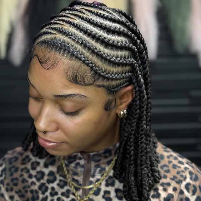 Black Cornrows With Gray Highlights and Wavy Ends Black Cornrows With Gray Highlights and Wavy Ends — Curved Cornrows 2027