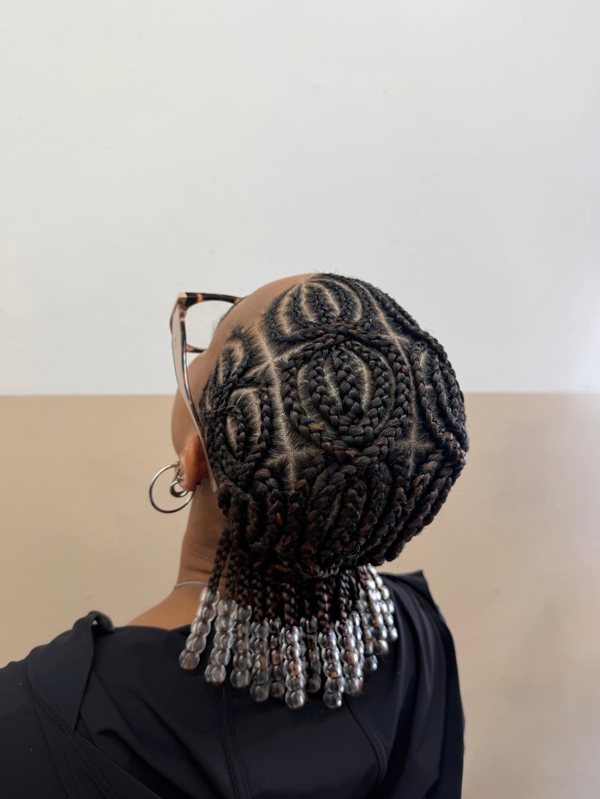 Geometric Scalp Design Cornrows With Silver Beads Geometric Scalp Design Cornrows With Silver Beads — Curved Cornrows 2027