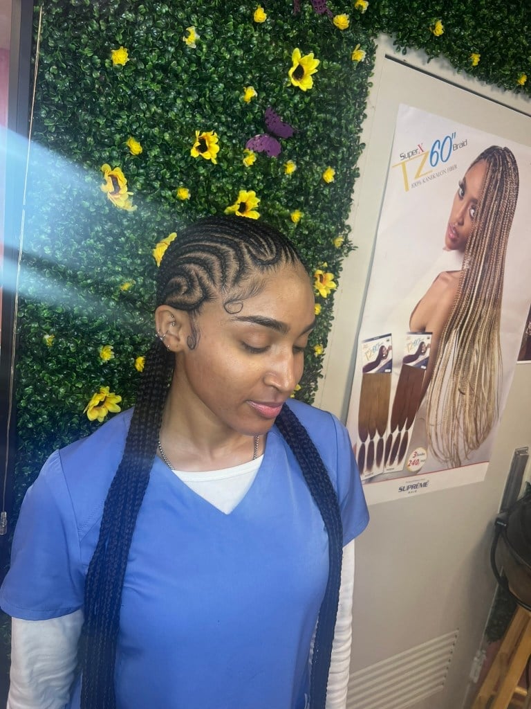 Mid-Back Black Cornrows With Curved Pattern Mid-Back Black Cornrows With Curved Pattern — Curved Cornrows 2027