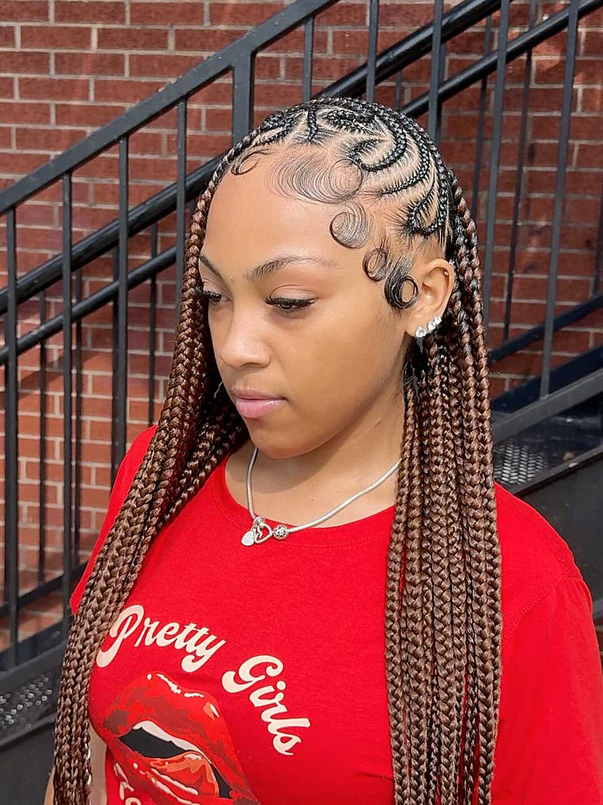 Brown Cornrows With Baby Hairs and Wavy Braids Brown Cornrows With Baby Hairs and Wavy Braids — Curved Cornrows 2027