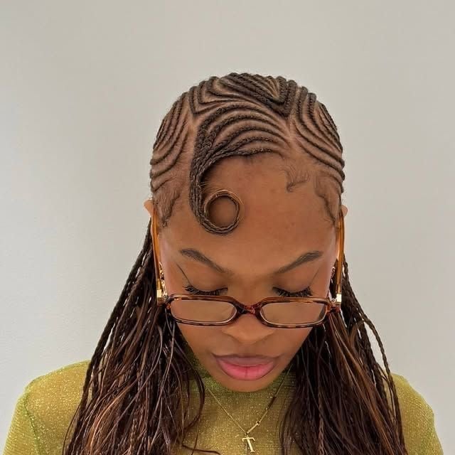 Dark Brown Cornrows With Circular Swirl Dark Brown Cornrows With Circular Swirl — Curved Cornrows 2027