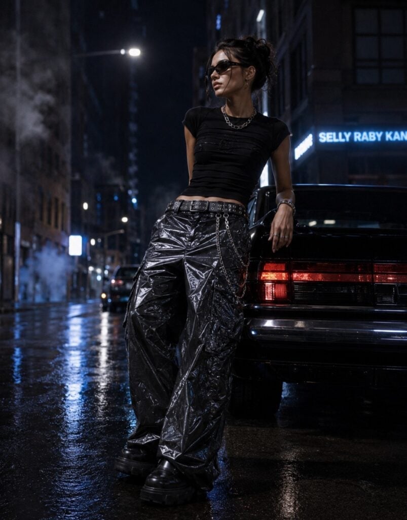 Black vinyl cargo pants with chain and stud details Black vinyl cargo pants with chain and stud details — Cyber Y2K Outfits 2027