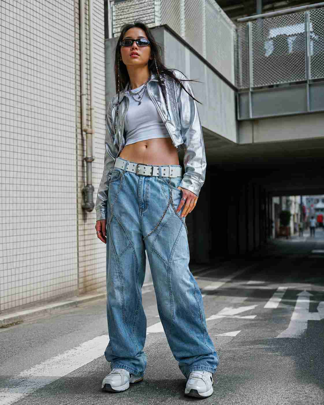 Silver metallic jacket over white crop top with chain jeans Silver metallic jacket over white crop top with chain jeans — Cyber Y2K Outfits 2027