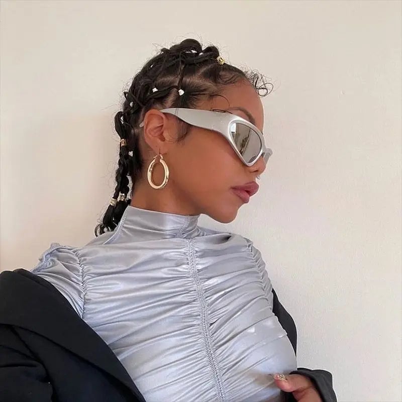 Metallic mock neck top with cyber sunglasses Metallic mock neck top with cyber sunglasses — Cyber Y2K Outfits 2027