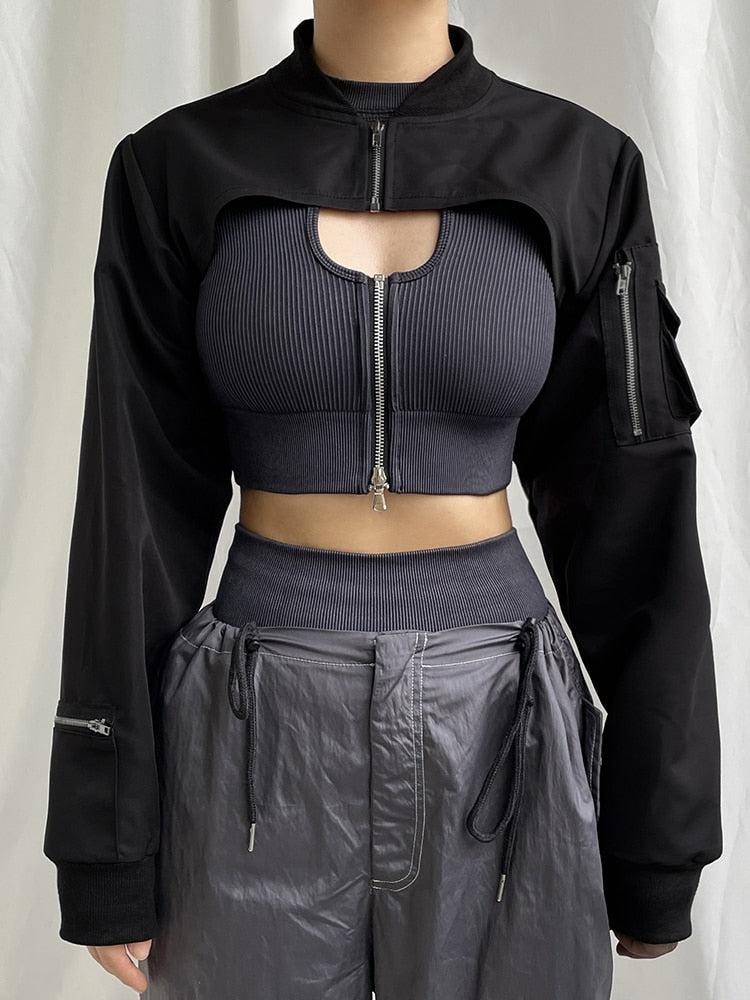 Super cropped jacket over ribbed knit crop top Super cropped jacket over ribbed knit crop top — Cyber Y2K Outfits 2027
