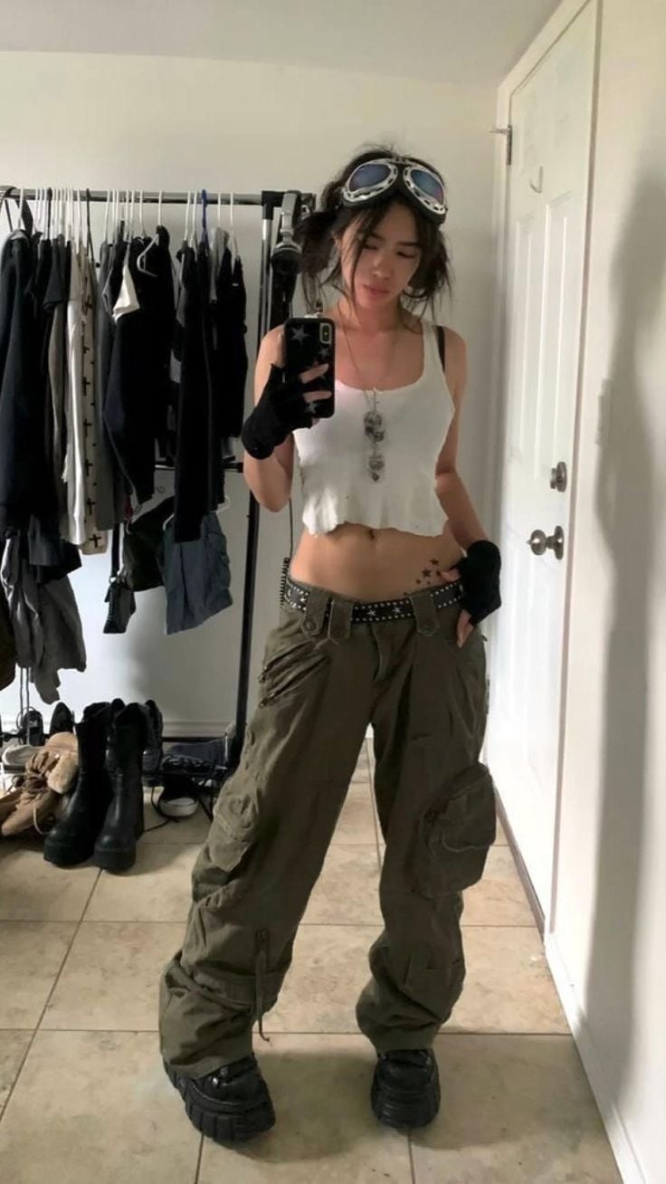 Olive green cargo pants with goggles and chain necklace Olive green cargo pants with goggles and chain necklace — Cyber Y2K Outfits 2027