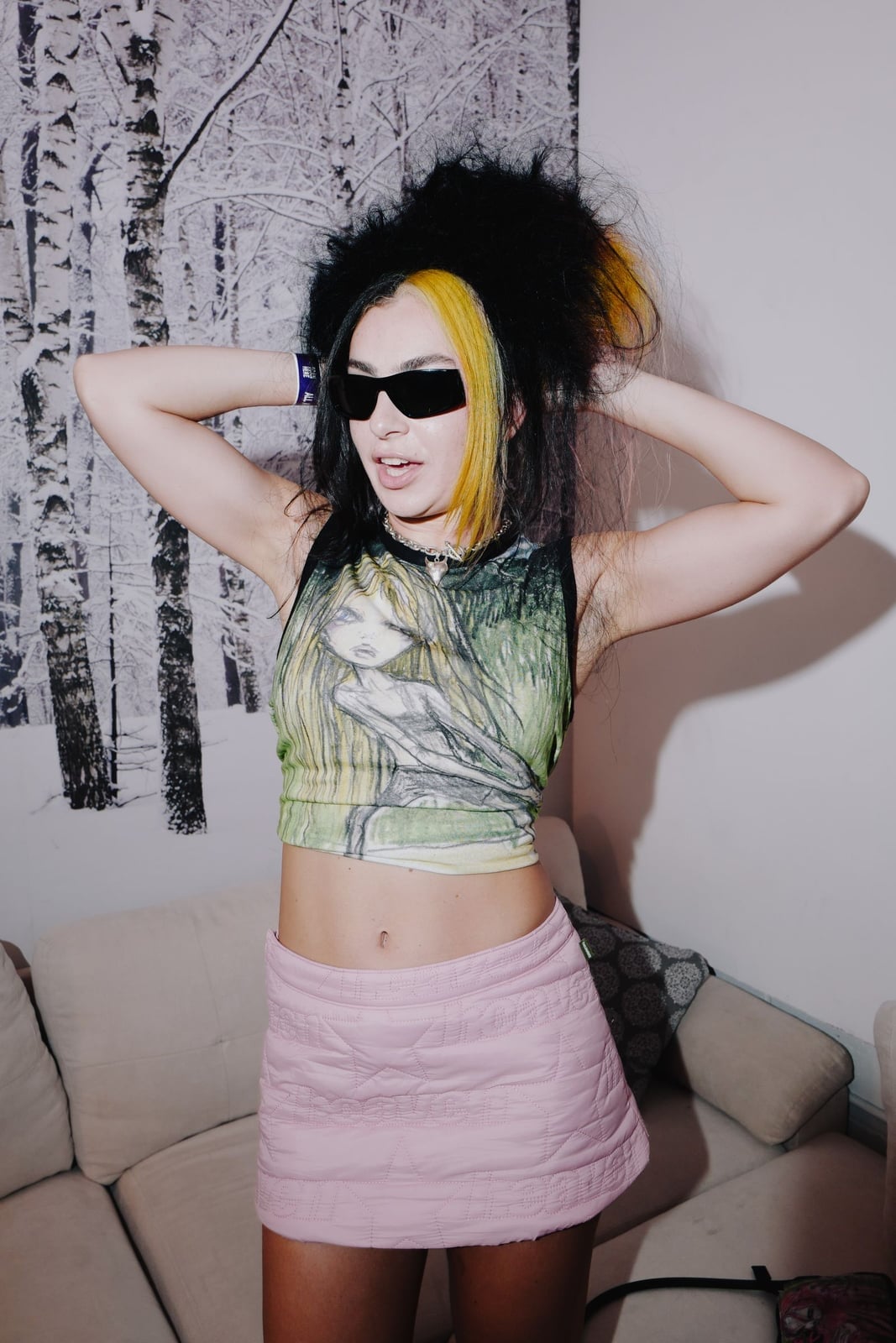 Green graphic tank top with pink quilted mini skirt Green graphic tank top with pink quilted mini skirt — Cyber Y2K Outfits 2027