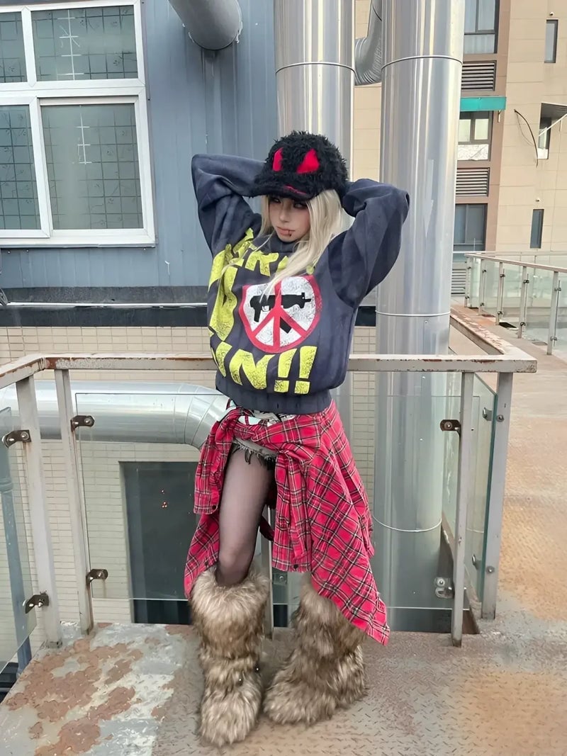 Oversized graphic sweatshirt with furry platform boots Oversized graphic sweatshirt with furry platform boots — Cyber Y2K Outfits 2027
