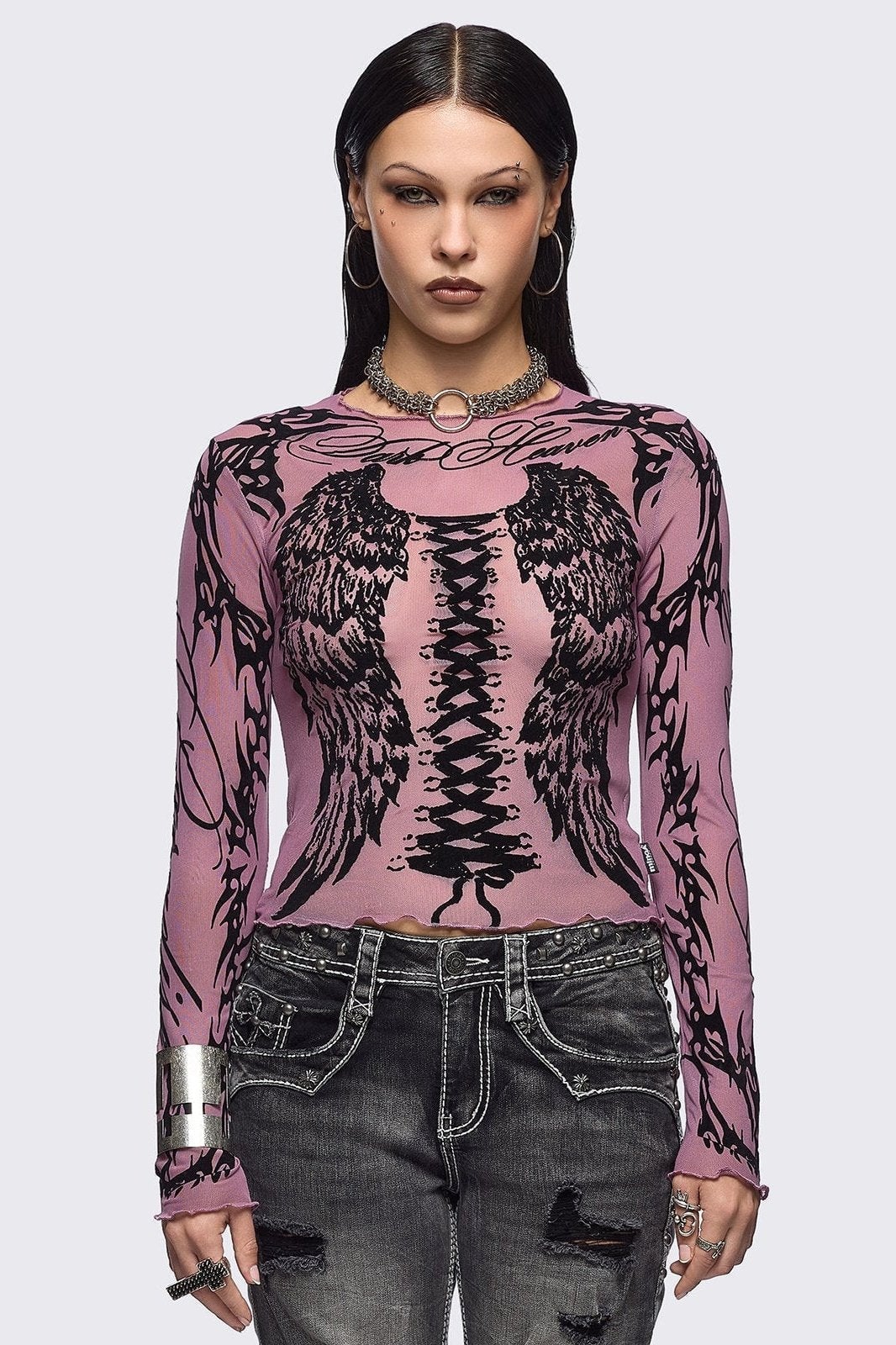 Sheer lilac top with angel wings and lace-up detail Sheer lilac top with angel wings and lace-up detail — Cyber Y2K Outfits 2027