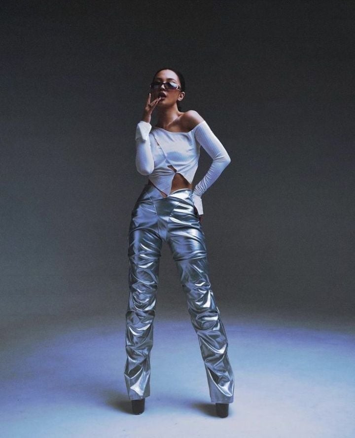 Silver metallic ruched pants and off-the-shoulder top Silver metallic ruched pants and off-the-shoulder top — Cyber Y2K Outfits 2027