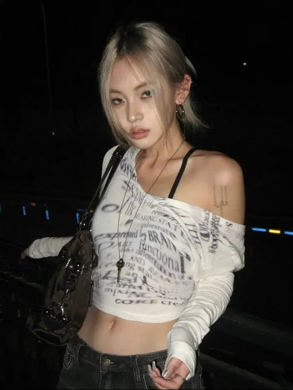 Graphic print off-the-shoulder crop top with low-rise jeans Graphic print off-the-shoulder crop top with low-rise jeans — Cyber Y2K Outfits 2027