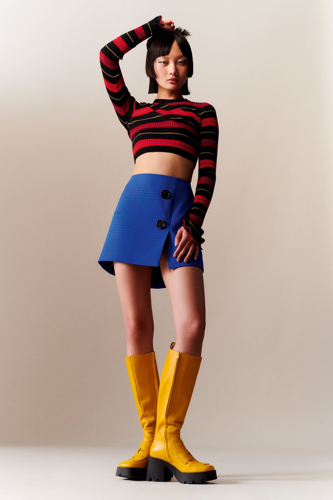 Striped long-sleeve top with asymmetric blue skirt Striped long-sleeve top with asymmetric blue skirt — Cyber Y2K Outfits 2027
