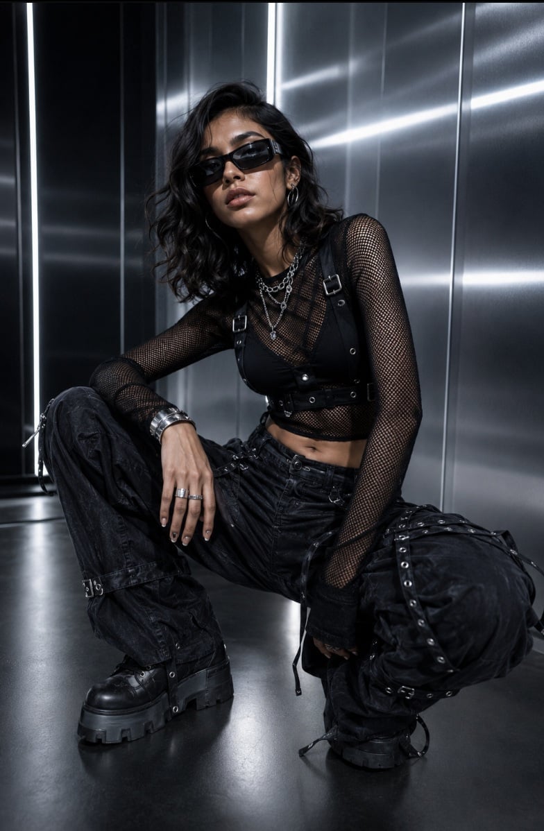 Black fishnet top with harness and cargo pants Black fishnet top with harness and cargo pants — Cyber Y2K Outfits 2027