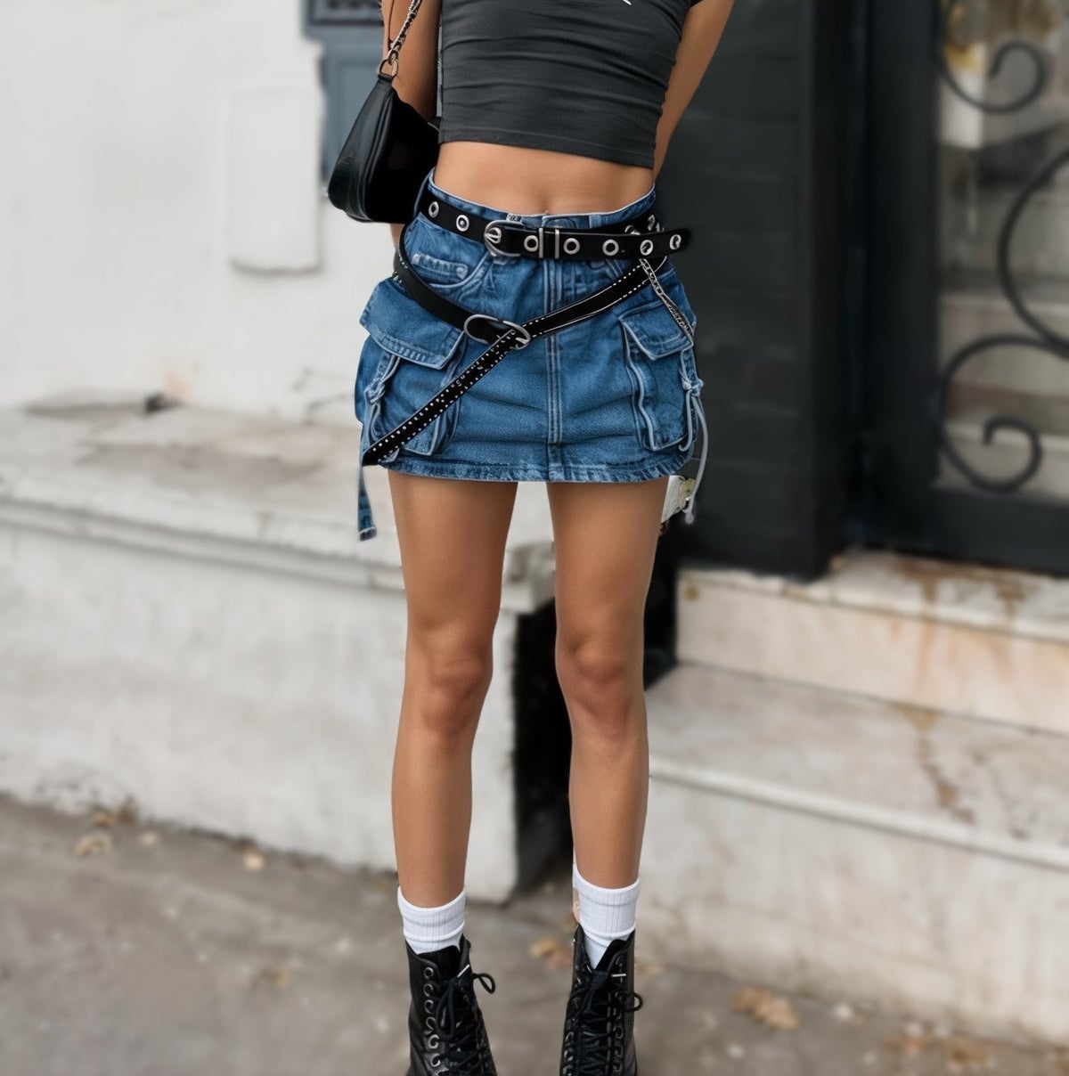 Gray crop top with denim cargo mini skirt and chain belt Gray crop top with denim cargo mini skirt and chain belt — Cyber Y2K Outfits 2027