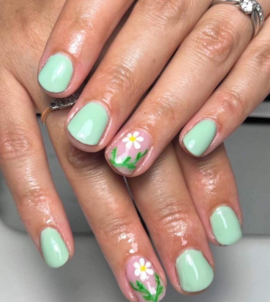 Short Square Mint Green Daisy Accent Nails Short Square Mint Green Daisy Accent Nails — Daisy Nails 2027