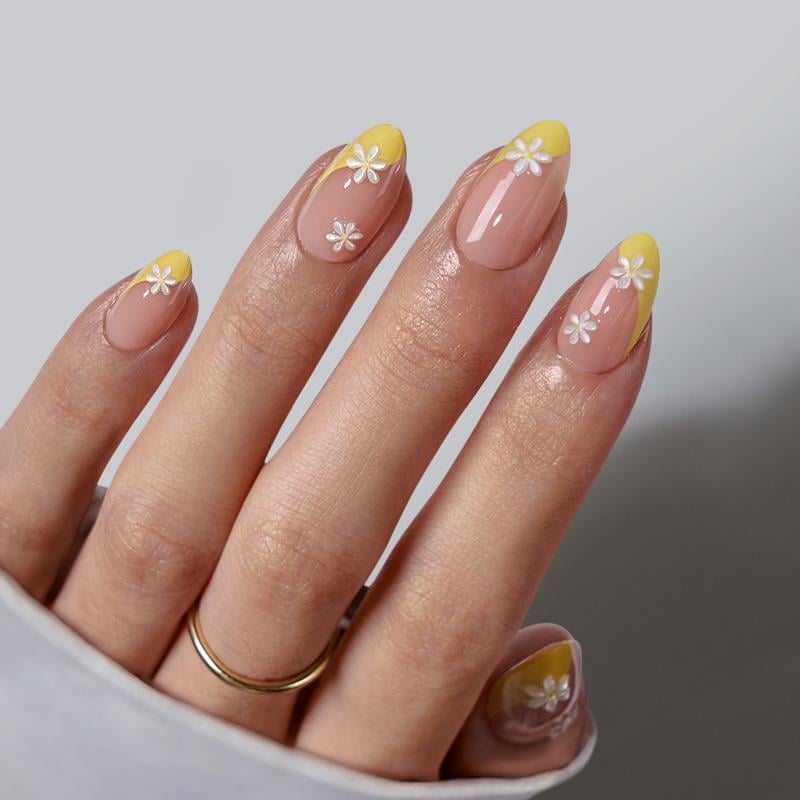 Nude Base Yellow French Tip Daisy Accents Nude Base Yellow French Tip Daisy Accents — Daisy Nails 2027