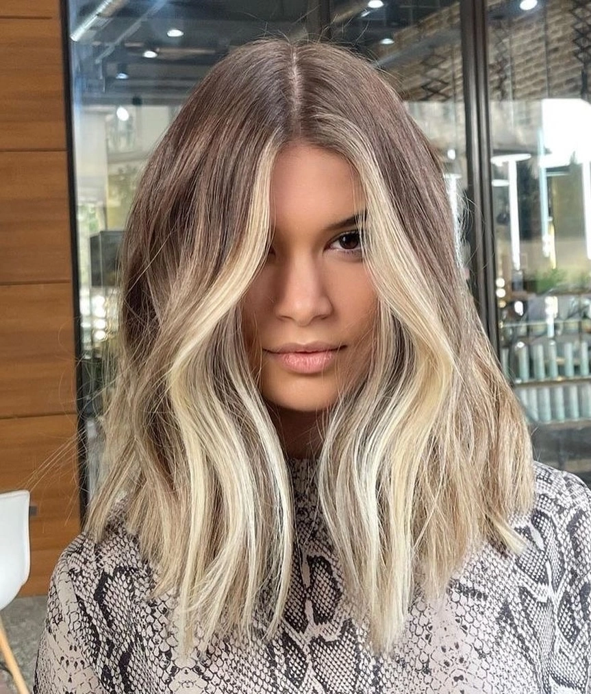 Bright Face Framing Changes the Whole Outline Medium-long hair with darker roots and bright blonde face framing