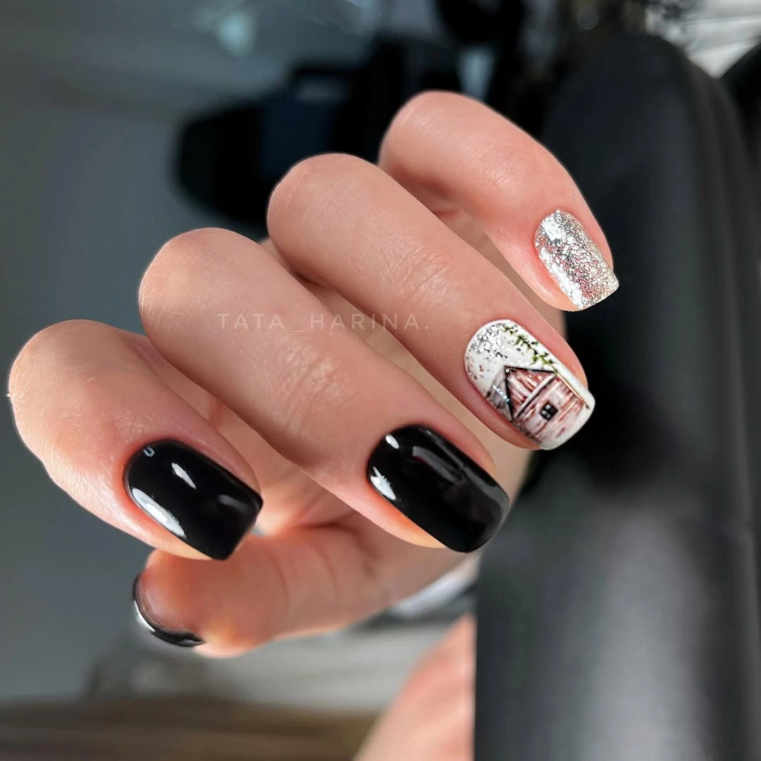 Black Winter Nails With a Tiny Snowy House Short black nails with silver glitter and snowy house accent