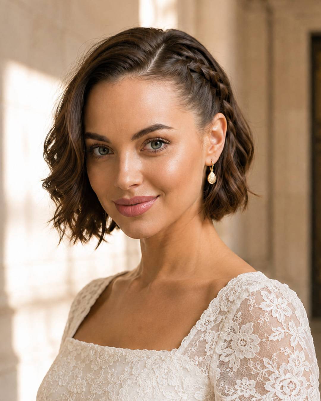 Dark Brown Wavy Bob With Side Braid Dark Brown Wavy Bob With Side Braid — Destination Wedding Hairstyles 2027