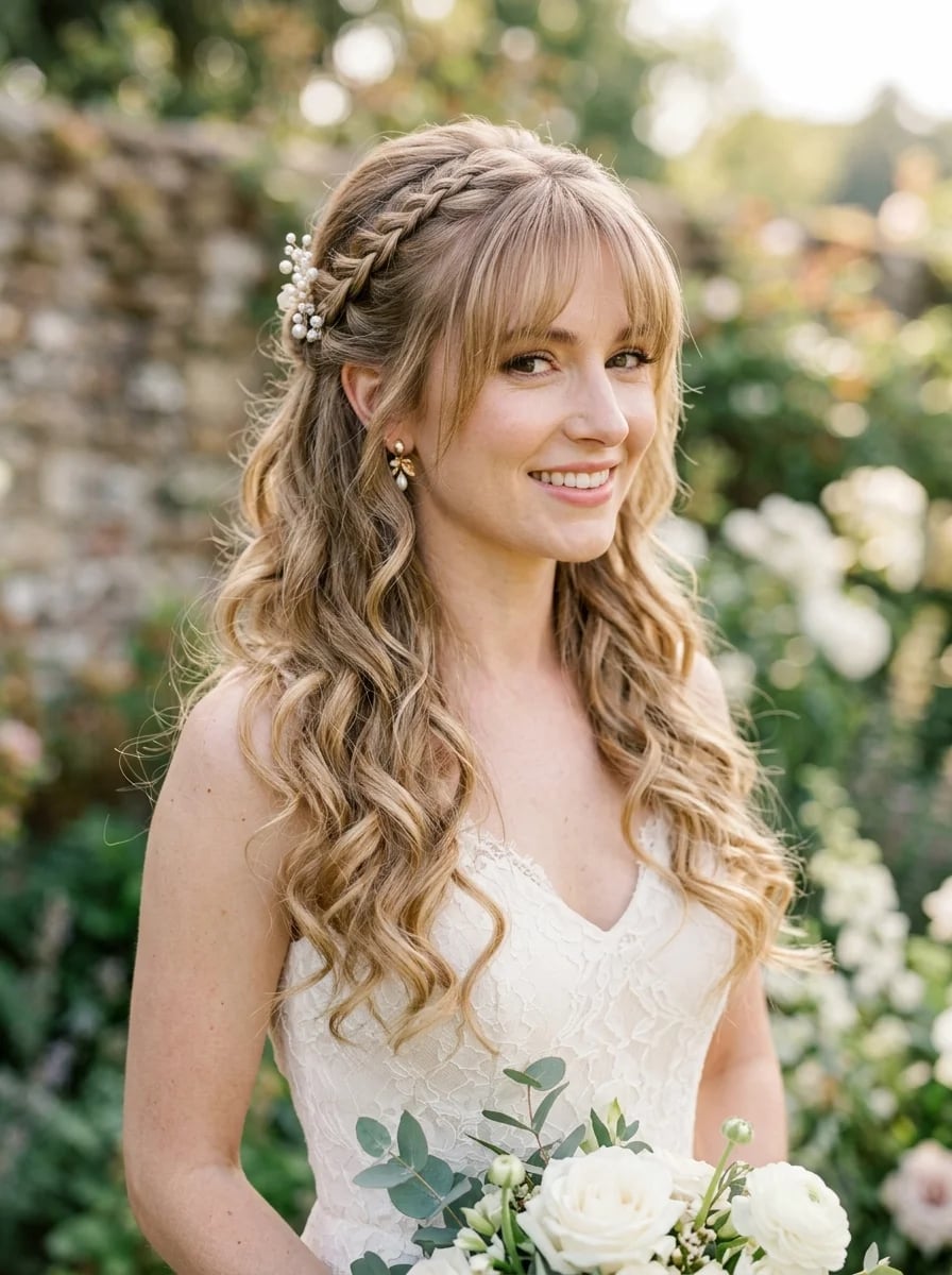 Blonde Waves With Braided Crown And Bangs Blonde Waves With Braided Crown And Bangs — Destination Wedding Hairstyles 2027