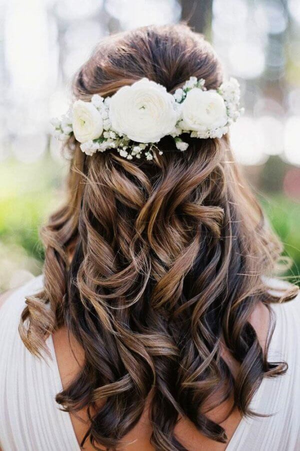 Brown Half-Up Half-Down With Floral Crown Brown Half-Up Half-Down With Floral Crown — Destination Wedding Hairstyles 2027