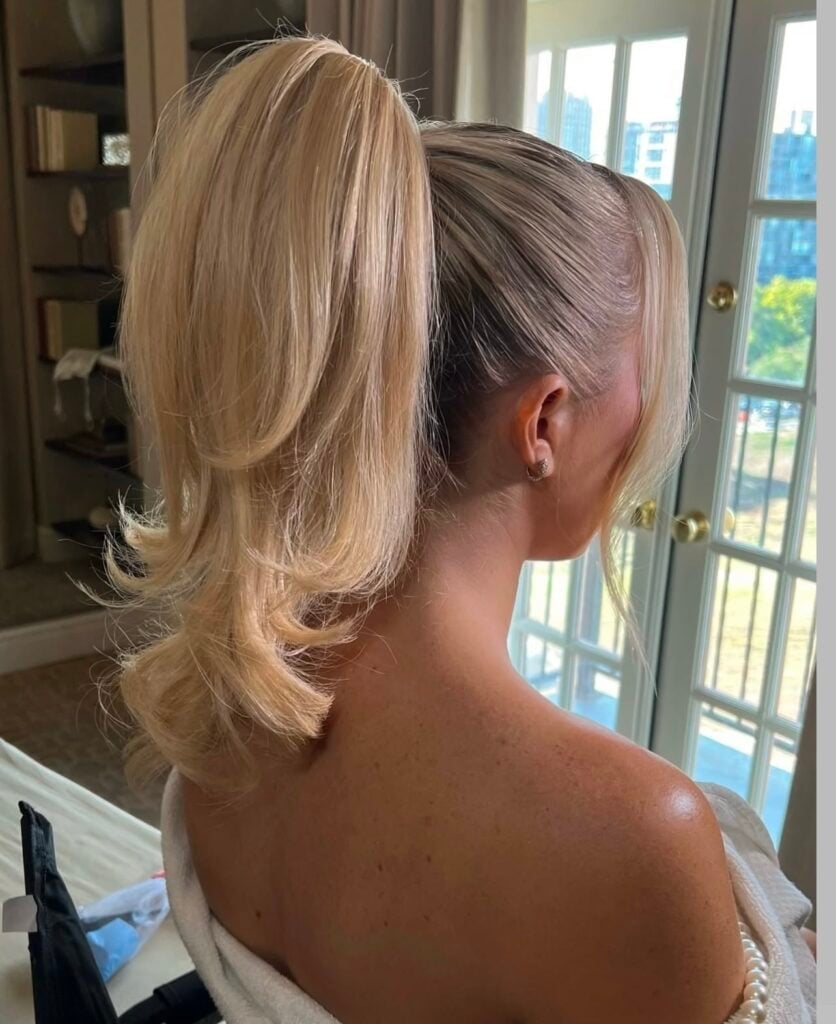 Blonde High Ponytail With Layers Blonde High Ponytail With Layers — Destination Wedding Hairstyles 2027