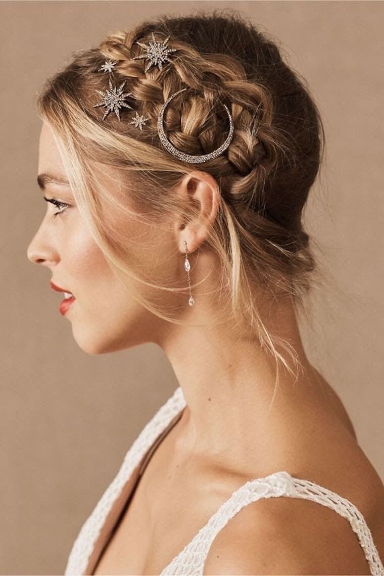 Blonde Braided Updo With Celestial Accents Blonde Braided Updo With Celestial Accents — Destination Wedding Hairstyles 2027