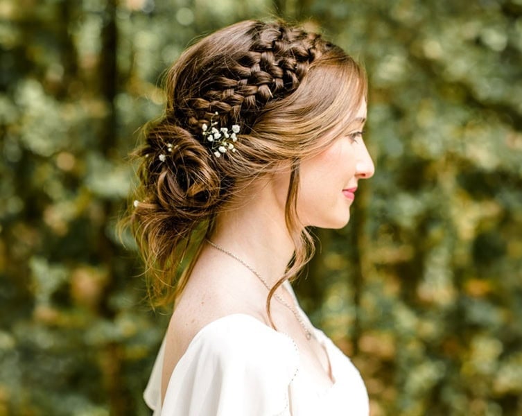 Medium Brown Braided Updo Tendrils Medium Brown Braided Updo Tendrils — Destination Wedding Hairstyles 2027