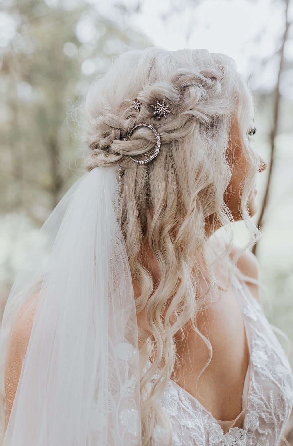 Platinum Blonde Braids With Celestial Veil Platinum Blonde Braids With Celestial Veil — Destination Wedding Hairstyles 2027