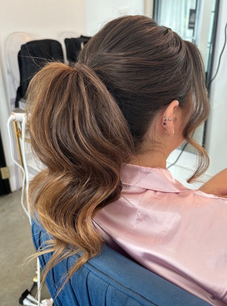 Brown High Ponytail With Balayage Waves Brown High Ponytail With Balayage Waves — Destination Wedding Hairstyles 2027