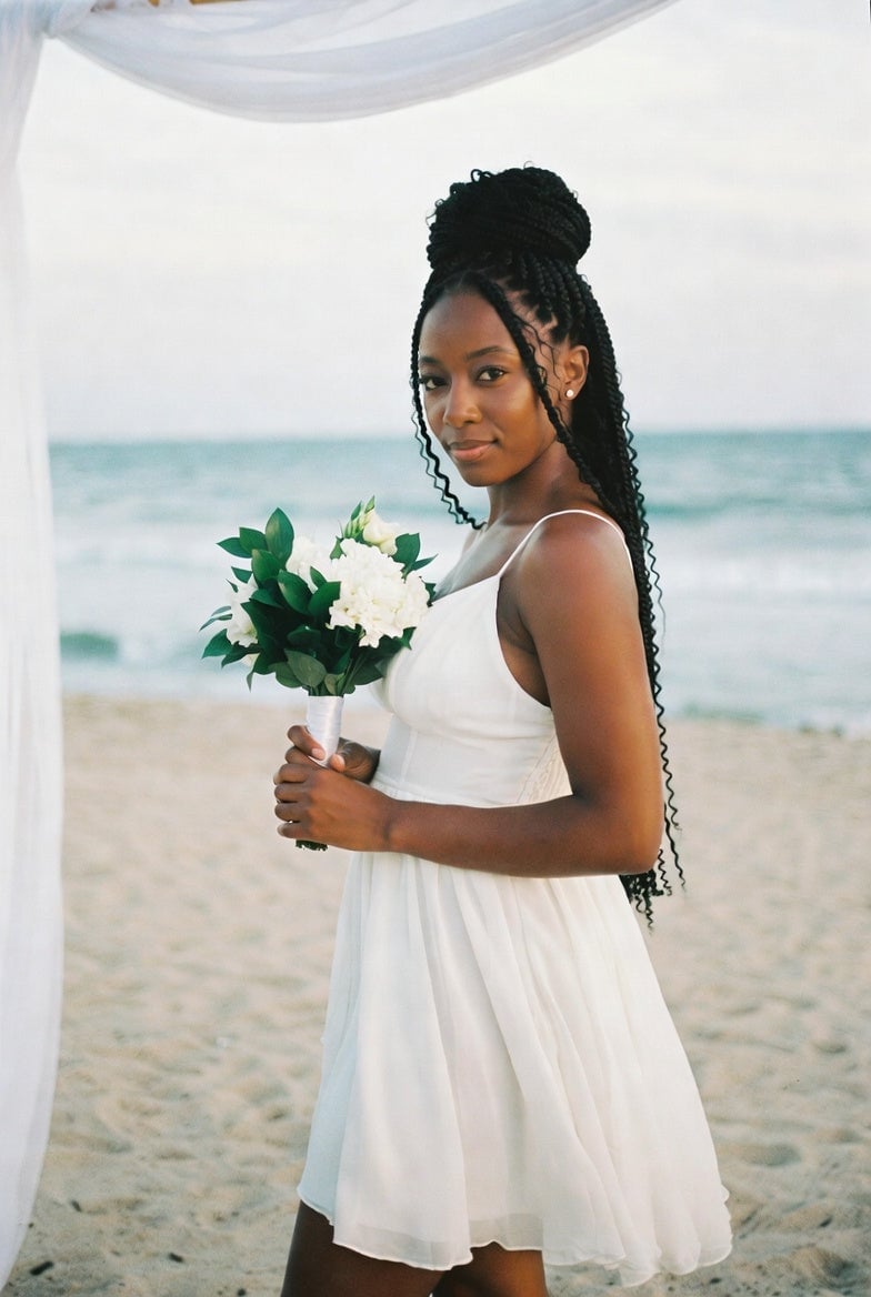 Dark Brown Braided Updo With Flowers Dark Brown Braided Updo With Flowers — Destination Wedding Hairstyles 2027