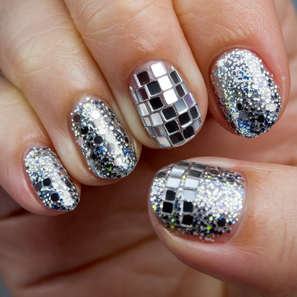 Short Oval Mosaic and Glitter Disco Nails — Disco Ball Nails 2027