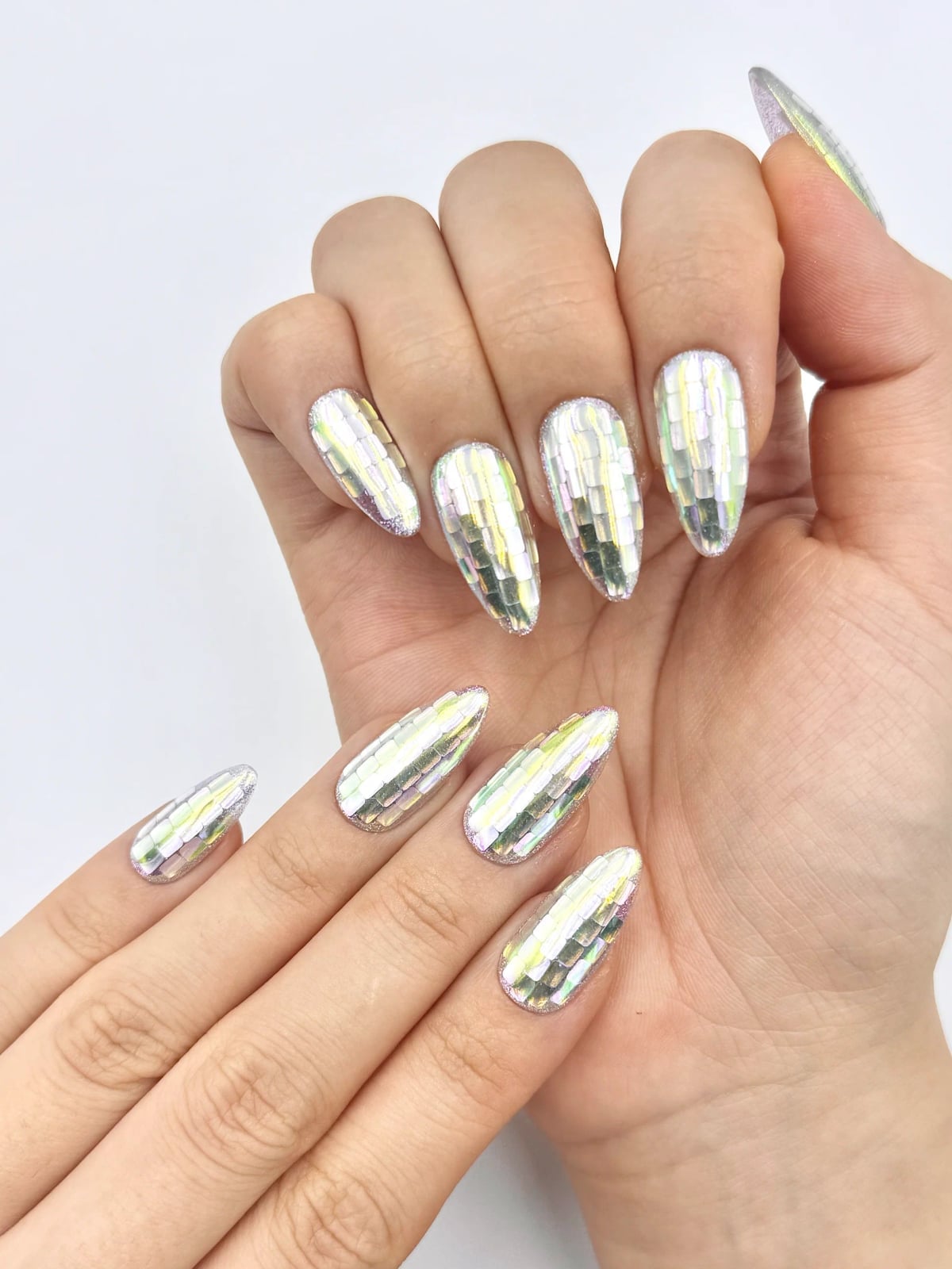 Long Almond Ultra-Reflective Iridescent Silver Nails — Disco Ball Nails 2027