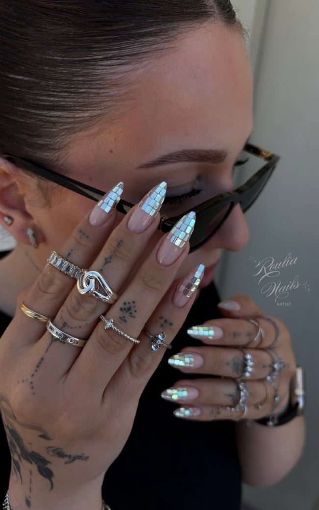 Long Coffin Iridescent Mosaic Accent Nails, Reflective — Disco Ball Nails 2027