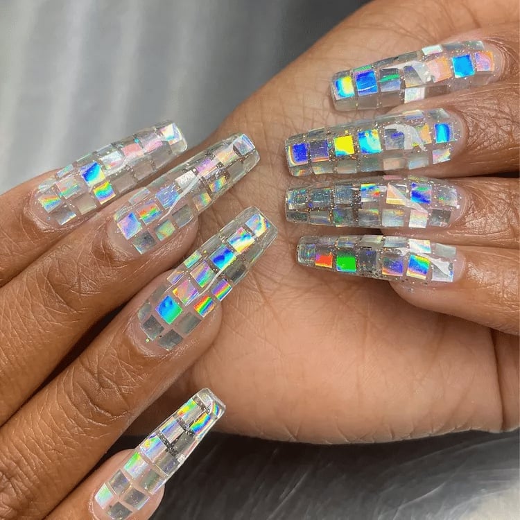 Clear Base Iridescent Mosaic Accent Nails — Disco Ball Nails 2027