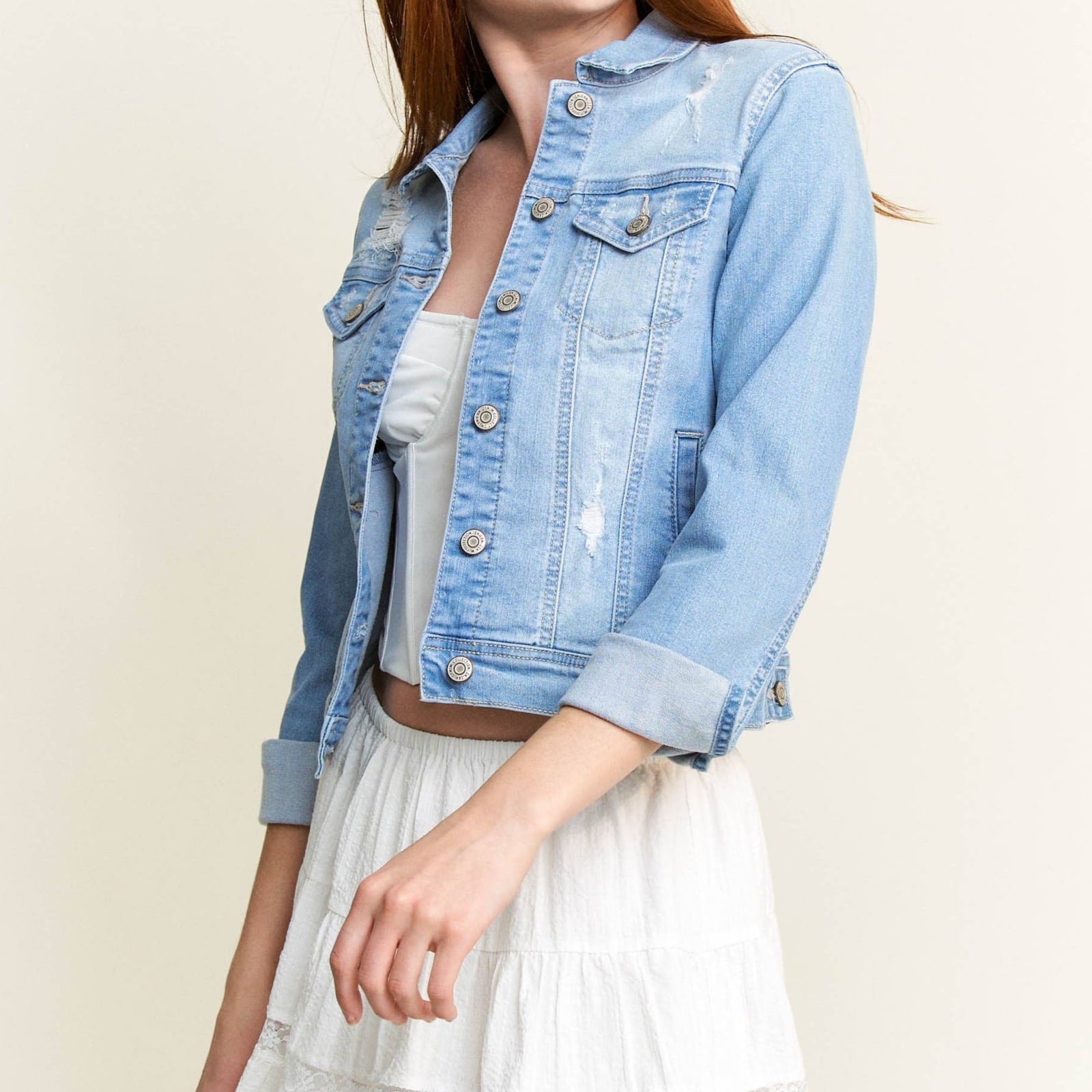 Cropped Distressed Denim Jacket With Corset Top Cropped Distressed Denim Jacket With Corset Top — Distressed Denim Jacket Outfits 2027