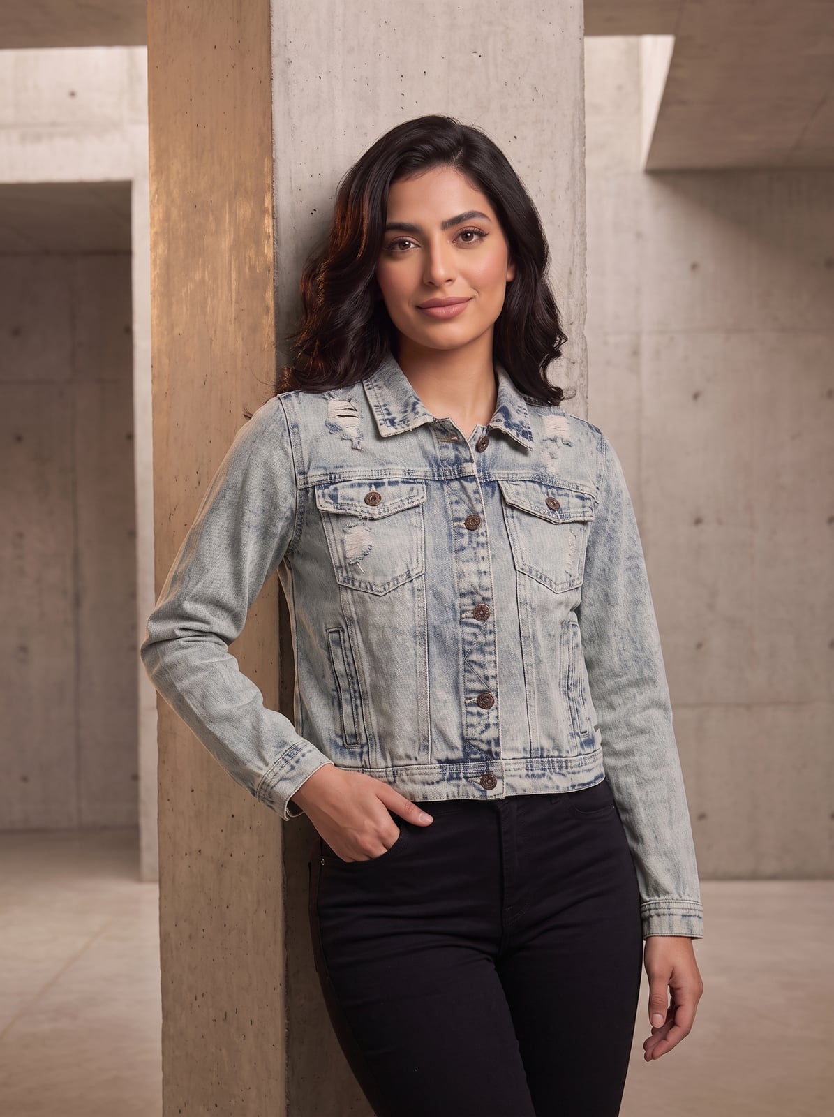 Fitted Distressed Denim Jacket With Black Pants Fitted Distressed Denim Jacket With Black Pants — Distressed Denim Jacket Outfits 2027