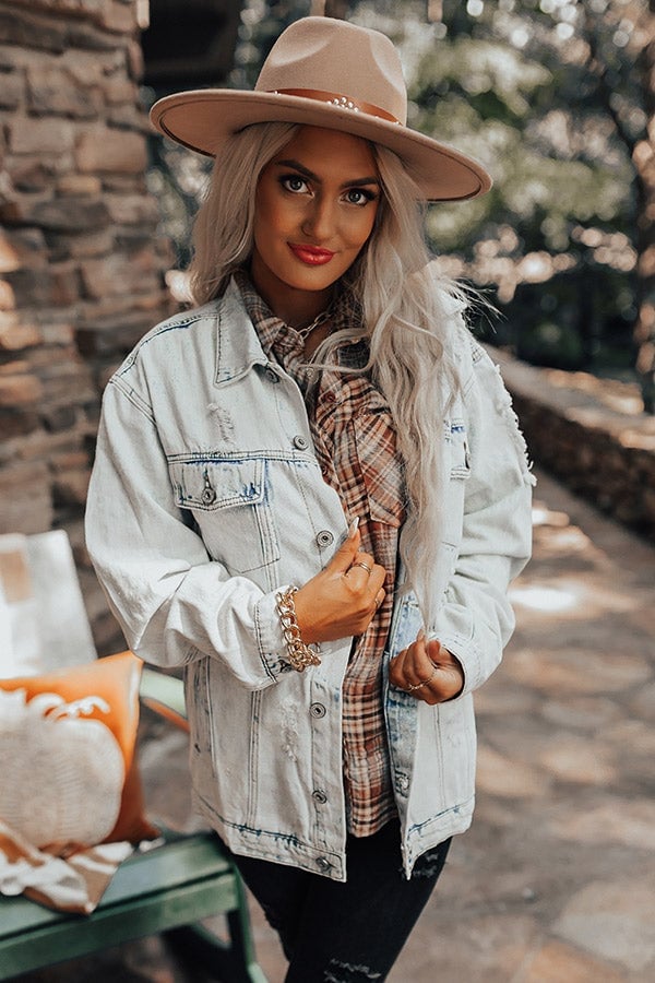 Acid Wash Distressed Jacket Over Plaid Acid Wash Distressed Jacket Over Plaid — Distressed Denim Jacket Outfits 2027