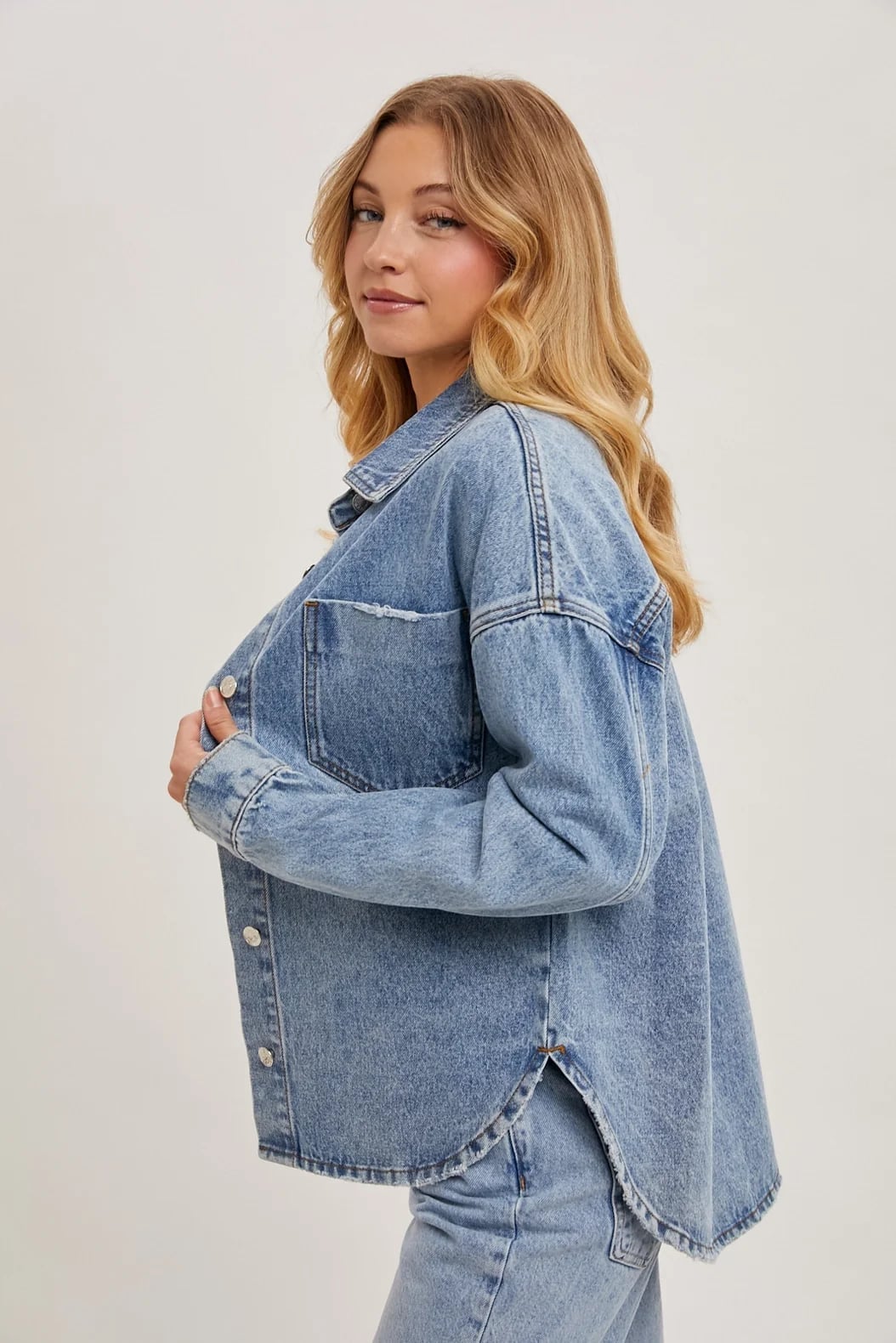 Oversized Distressed Pocket Detail Denim Jacket, Medium Wash Blue Oversized Distressed Pocket Detail Denim Jacket, Medium Wash Blue — Distressed Denim Jacket Outfits 2027