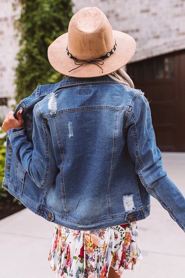 Blue Distressed Denim Jacket Back Detail Blue Distressed Denim Jacket Back Detail — Distressed Denim Jacket Outfits 2027