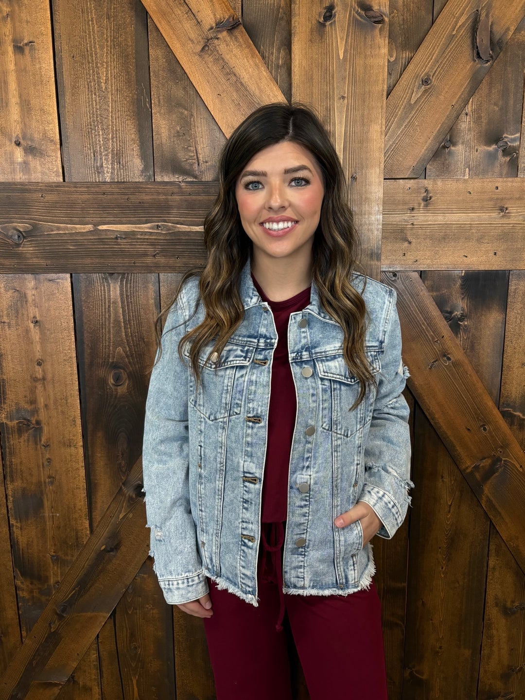 Light Blue Distressed Jacket With Burgundy Top Light Blue Distressed Jacket With Burgundy Top — Distressed Denim Jacket Outfits 2027