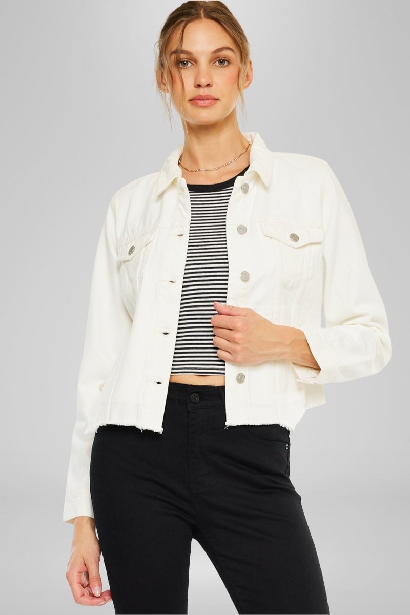 White Cropped Distressed Denim Jacket With Stripes White Cropped Distressed Denim Jacket With Stripes — Distressed Denim Jacket Outfits 2027