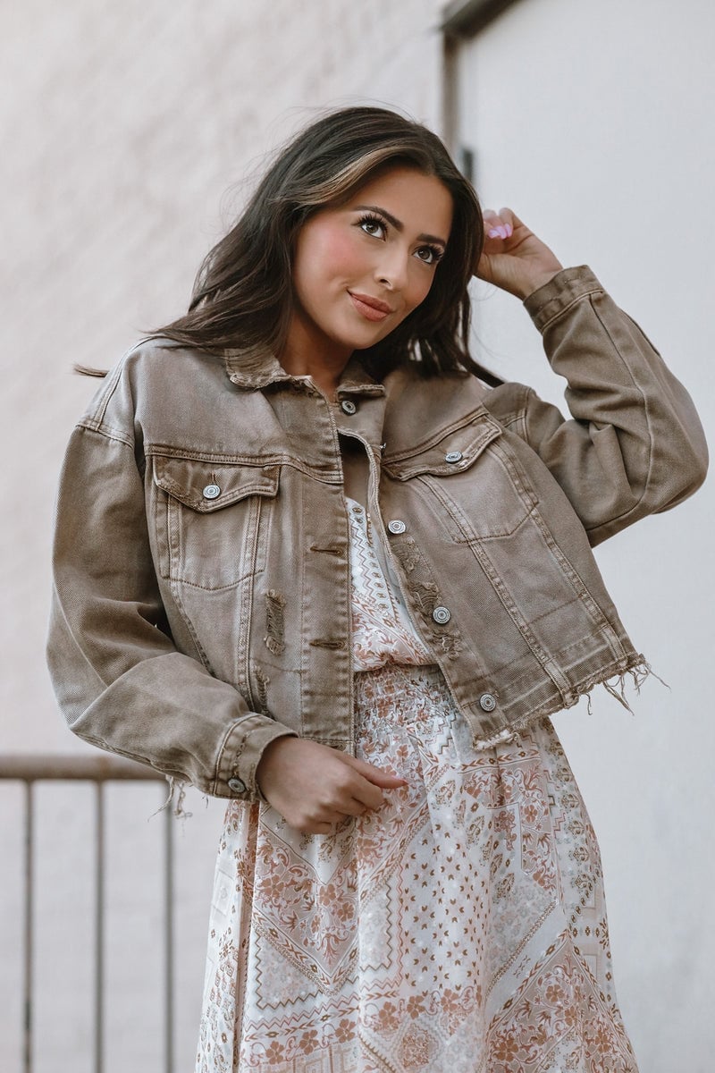Cropped Brown Distressed Jacket Over Dress Cropped Brown Distressed Jacket Over Dress — Distressed Denim Jacket Outfits 2027