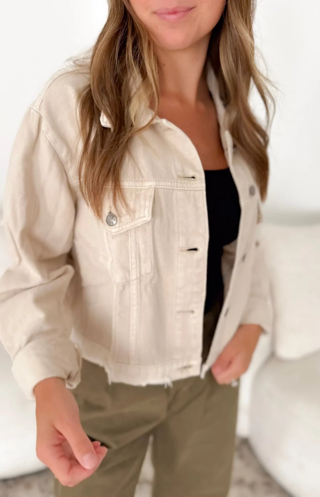 Beige Cropped Distressed Jacket With Olive Pants Beige Cropped Distressed Jacket With Olive Pants — Distressed Denim Jacket Outfits 2027